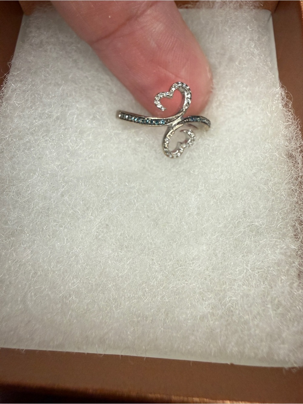 Jane Seymour Open Hearts Sterling Silver Ring with white & blue diamonds